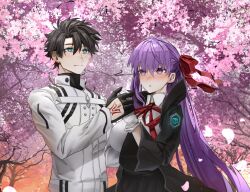 1boy 1girl absurdres bb_(fate) bb_(fate/extra) black_coat black_gloves black_hair black_skirt blue_eyes blush breasts coat collared_shirt command_spell fate/grand_order fate_(series) fujimaru_ritsuka_(male) fujimaru_ritsuka_(male)_(decisive_battle_chaldea_uniform) gloves hair_ribbon high-waist_skirt highres jacket large_breasts long_hair long_sleeves neck_ribbon obazzotto open_clothes open_coat popped_collar purple_eyes purple_hair red_ribbon ribbon shirt short_hair skirt very_long_hair white_gloves white_jacket white_shirt wide_sleeves