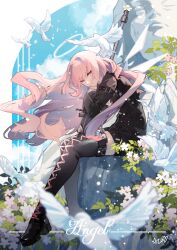 1girl arknights bird black_dress black_jacket boots dove dress flower gun halo highres jacket lemuen_(arknights) long_hair pink_eyes pink_hair puyue rifle signature sitting sniper_rifle statue thigh_boots weapon