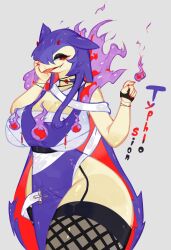 beige_fur breasts cleavage fire fishnet_thighhighs fishnets furry furry_female gen_2_pokemon ghost_flame hand_on_own_face highres hisuian_typhlosion huge_breasts japanese_clothes jewelry long_hair looking_at_viewer nintendo pendant pokemon pokemon_(creature) purple_fire purple_hair red_eyes red_hair sarashi seductive_smile side_slit smile thick_thighs thighhighs thighs togetoge tongue tongue_out typhlosion very_long_hair wide_hips