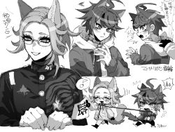 2boys 2ybnb9agfd2867 ahoge animal_collar animal_ears aotsuki_eito armband blush bow chibi chibi_inset collar eyeshadow fingernails gakuran glasses gloves greyscale highres holding holding_leash hole_in_chest hole_on_body hood jacket jacket_over_hoodie kemonomimi_mode last_defense_academy_school_uniform leash makeup male_focus monochrome multicolored_hair multicolored_jacket multiple_boys multiple_views musical_note school_uniform sharp_fingernails short_hair simple_background smile speech_bubble spoken_musical_note streaked_hair sumino_takumi tail the_hundred_line_-last_defense_academy- two-tone_jacket