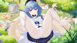1girl :o absurdres ahoge ass ass_focus beret black0322 breasts bucket bucket_of_water commentary_request dress flower grass griseo griseo_(starry_impression) hair_flower hair_ornament hat highres honkai_(series) honkai_impact_3rd m_legs marker mat no_shoes paint_palette paintbrush panties panties_under_pantyhose pantyhose purple_eyes short_hair small_breasts soles solo underwear white_dress white_panties white_pantyhose white_rabbit_(animal)