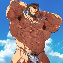 Rule 34 | 1boy, abs, arm behind head, armpit hair, bara, beard, blue eyes, camouflage swim briefs, chinstrap beard, cloud, connected beard, day, dog tags, facial hair, grey hair, highres, male focus, male swimwear, mature male, muscular, muscular male, mustache stubble, nipples, original, pectorals, pubic hair, rybiok, short hair, solo, sparse leg hair, stubble, swim briefs, veins, veiny arms