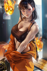 1girl bare_shoulders bench black_hair black_tank_top breasts cleavage en&#039;en_no_shouboutai fire firefighter hair_behind_ear high_ponytail indoors large_breasts locker locker_room looking_at_viewer maki_oze muscular muscular_female navel orange_overalls orange_pants overalls pants parted_lips ponytail purple_eyes smile solo spirit standing tank_top toned zumi_(zumidraws)