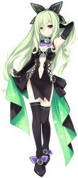 10s 1girl bare_shoulders bow dress elbow_gloves female_focus full_body gloves green_hair hair_between_eyes hair_bow hair_ornament hakozaki_chika highres long_hair looking_at_viewer neptune_(series) red_eyes smile solo standing thighhighs transparent_background tsunako uneven_eyes very_long_hair