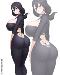 1girl ass breasts butt_crack dress earrings female_focus from_behind hex_maniac_(pokemon_legends:_z-a) huge_breasts jewelry kaos_art long_hair looking_at_viewer nintendo pokemon pokemon_legends:_z-a skindentation solo thong torn_clothes