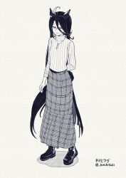 Rule 34 | 1girl, ahoge, animal ears, arm behind back, blush, breasts, crossed bangs, greyscale, hair between eyes, highres, horse ears, horse girl, horse tail, jewelry, kimihitsuji, long hair, long hair between eyes, long skirt, manhattan cafe (umamusume), monochrome, multicolored hair, necklace, plaid clothes, plaid skirt, red eyes, ribbed sweater, shoes, skirt, small breasts, solo, sweater, tail, turtleneck, turtleneck sweater, twitter username, umamusume, very long hair