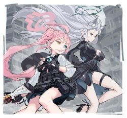 2girls ahoge animal_ear_fluff animal_ears ankle_ribbon beretta_1301 black_choker black_dress black_gloves blue_archive blue_eyes breasts building bulletproof_vest choker cleavage dress dress_shirt extra_ears floating_hair gloves grey_hair gun hair_floating_upwards halo handgun heterochromia high_heels highres holding holding_gun holding_weapon holster hoshino_(armed)_(blue_archive) hoshino_(blue_archive) large_breasts leg_ribbon long_hair multiple_girls necktie official_alternate_costume orange_eyes pink_hair ponytail pouch ribbon scarlet23i0 school_uniform shiroko_(blue_archive) shiroko_terror_(blue_archive) shirt shotgun shotgun_shell skirt tactical_school_uniform thigh_strap urban weapon white_shirt wolf_ears