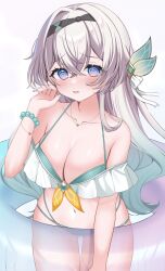 1girl @_@ aqua_bikini bead_bracelet beads bikini bikini_day black_hairband blush bracelet breasts cleavage firefly_(honkai:_star_rail) frilled_bikini_top gradient_eyes green_pupils grey_hair hair_between_eyes hair_intakes hair_ornament hair_ribbon hairband highres holding_tube honkai:_star_rail honkai_(series) jewelry large_breasts long_hair multicolored_eyes nail_polish oguraponti open_mouth ribbon simple_background solo swimsuit tube two-tone_eyes white_background white_ribbon