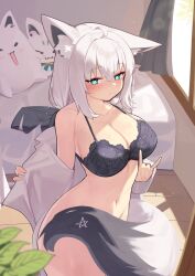 1girl absurdres animal_ear_piercing animal_ears aqua_eyes black_bra black_shorts blush bottomless bra breasts cleavage closed_mouth collarbone commentary covering_crotch covering_privates deaver fox_ears fox_girl fox_shadow_puppet fox_tail fubuzilla_(shirakami_fubuki) heart heart-shaped_pupils highres hololive indoors lace lace-trimmed_bra lace-trimmed_panties lace_trim large_breasts long_hair looking_at_viewer navel nose_blush open_clothes panties pentagram shirakami_fubuki shirt shorts single_ear_down solo stomach sukonbu_(shirakami_fubuki) symbol-shaped_pupils tail underwear underwear_only unworn_shorts virtual_youtuber white_hair white_shirt