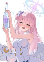 1girl absurdres armpits blue_archive blush bottle breasts commentary_request crescent_ornament dress drooling drunk feathered_wings feza_chen_(ushaku) hair_bun halo highres holding holding_bottle large_breasts long_hair looking_at_viewer mika_(blue_archive) mouth_drool nose_blush pink_hair sake_bottle simple_background single_side_bun sleeveless sleeveless_dress smile solo sweat very_long_hair white_background white_dress white_wings wings yellow_eyes
