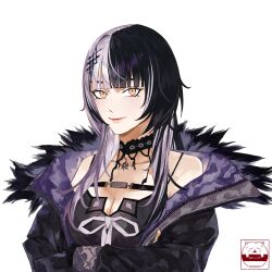 1girl absurdres alice_(dkfl_tm09too) black_choker black_coat black_dress black_hair breasts choker cleavage closed_mouth coat dress fur-trimmed_coat fur_trim grey_hair hair_ornament highres hololive hololive_english large_breasts long_hair looking_at_viewer multicolored_hair purple_coat ribbon shiori_novella shiori_novella_(1st_costume) simple_background smile solo split-color_hair two-sided_coat two-sided_fabric two-tone_hair virtual_youtuber white_background white_ribbon yellow_eyes