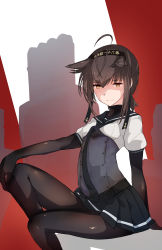 Rule 34 | 1girl, black hairband, black skirt, brown eyes, brown hair, feet out of frame, female focus, hair flaps, hairband, hatsuzuki (kancolle), kantai collection, looking at viewer, neckerchief, pleated skirt, short hair, sitting, skirt, smile, solo, yamaioni (sasakama)
