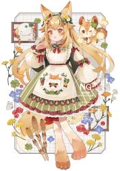 Rule 34 | 1girl, animal ear fluff, animal ears, animal legs, apron, barefoot, black hairband, blonde hair, border, bug, butterfly, butterfly on hand, clover hair ornament, commission, dress, flower, four-leaf clover hair ornament, frilled apron, frills, full body, green dress, grid background, hair flaps, hair flower, hair ornament, hairband, hand up, highres, insect, long hair, looking at viewer, neck ribbon, open mouth, original, outside border, pocket, ribbon, skeb commission, smile, solo, squirrel, tabi 0v0, tail, watermark, white apron, white background, white border, white butterfly, wolf ears, wolf girl, wolf tail, yellow eyes