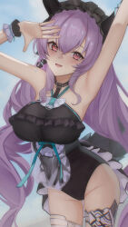 Rule 34 | 1girl, absurdres, arknights, armpits, arms up, bare shoulders, black hairband, black horns, black one-piece swimsuit, blue background, blush, breasts, fake horns, frilled hairband, frilled one-piece swimsuit, frills, hairband, highres, horn hairband, horns, kyuu (q des9), large breasts, long hair, looking at viewer, o-ring, o-ring swimsuit, one-piece swimsuit, open mouth, pink eyes, purple hair, simple background, single thighhigh, smile, solo, swimsuit, thigh strap, thighhighs, typhon (arknights)
