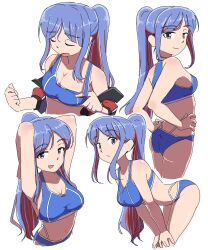1girl bikini blue_bikini blue_hair breasts cleavage collarbone highres kantai_collection large_breasts long_hair looking_at_viewer multiple_views navel nonojiten official_alternate_costume ponytail red_hair solo south_dakota_(kancolle) south_dakota_(swimsuit)_(kancolle) sports_bikini swimsuit white_hair
