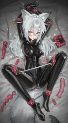 1girl absurdres anal_beads animal_ear_fluff animal_ears blue_eyes bodysuit breasts collar commentary cuffs dildo egg_vibrator english_commentary fox_ears fox_girl fox_tail green_eyes heterochromia highres hitachi_magic_wand impossible_bodysuit impossible_clothes large_variant_set latex latex_bodysuit leotard lock lockbox long_hair looking_at_viewer medium_breasts open_mouth original restrained saaal653 sex_toy shackles skin_tight spread_legs spreader_bar tail variant_set very_long_hair vibrator