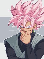 1boy black_shirt dragon_ball dragon_ball_super goku_black grey_background grey_eyes grey_tunic highres komesan_0212 medium_hair pink_hair shirt simple_background solo spiked_hair super_saiyan super_saiyan_rose tunic upper_body white_background