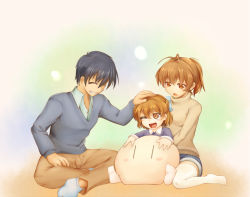 Rule 34 | 1boy, 2girls, :d, ;d, ^ ^, antenna hair, black hair, blush, breasts, brown eyes, brown hair, cardigan, clannad, closed eyes, collared shirt, commentary request, dango daikazoku, closed eyes, family, father and daughter, furukawa nagisa, grin, half updo, headpat, long sleeves, looking at another, medium breasts, mother and daughter, multicolored background, multiple girls, okazaki tomoya, okazaki ushio, one eye closed, open mouth, ponytail, shirt, short hair, short ponytail, shorts, sitting, smile, sweater, tewo, thighhighs, turtleneck, turtleneck sweater, wariza, white legwear, wing collar, | |