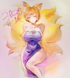 1girl 2025 absurdres animal_ear_fluff arms_behind_back blonde_hair blush breasts collarbone covered_erect_nipples covered_navel dated erty113 facing_viewer fox_girl fox_tail highres large_breasts looking_at_viewer panties short_hair sitting smile solo tabard tail touhou underwear wide_hips yakumo_ran yellow_eyes