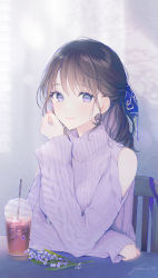 1girl argyle_clothes argyle_sweater black_hair blush clothing_cutout coffee cup disposable_cup drinking_straw flower gomzi light_smile looking_at_viewer looking_to_the_side on_chair original purple_eyes purple_sweater shoulder_cutout signature sitting solo sweater upper_body window_blinds