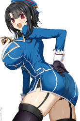 1girl ascot ass back beret black_gloves black_hair black_panties black_thighhighs blue_jacket blue_skirt blush breasts chamumi_(mochiumee) garter_straps gloves hat jacket kantai_collection large_breasts long_sleeves looking_at_viewer looking_to_the_side military military_uniform open_mouth panties red_eyes short_hair skirt solo takao_(kancolle) thighhighs underwear