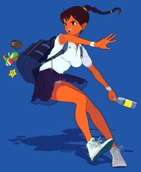 Rule 34 | 1girl, 2025, backpack, bag, blue background, bottle, cacn, colored skin, commentary, goomba, highres, mario, mario (series), nintendo, orange skin, original, panties, plastic bottle, pleated skirt, ponytail, school uniform, skirt, solo, super star (mario), underwear, water bottle, white panties, yoshi