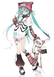 Rule 34 | 1girl, absurdres, animal hat, aqua hair, cat hat, chest harness, commentary request, cute x subculture hatsune miku design contest, fashion, fingerless gloves, gloves, harness, hat, hatsune miku, highres, leg warmers, long hair, mochi upamo, pink hat, pom pom (clothes), ribbon, shirt, shoes, simple background, skirt, sneakers, solo, streetwear, striped arm warmers, stuffed animal, stuffed cat, stuffed toy, twintails, very long hair, vocaloid, white background, white shirt