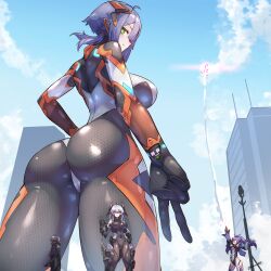 Rule 34 | 4girls, absurdres, artist name, ass, black bodysuit, blue sky, bodysuit, breasts, building, city, cloud, colossus (natsukaze shigure), from behind, from below, giant, giantess, gixer 250 (natsukaze shigure), green eyes, grey hair, headgear, hexagon print, highres, hydrasia (natsukaze shigure), impossible bodysuit, impossible clothes, large breasts, long hair, looking at viewer, looking back, m004 (natsukaze shigure), multiple girls, natsukaze shigure, original, outdoors, purple hair, red eyes, science fiction, short hair, signature, skin tight, sky, skyscraper, smile, solo focus, textless version, twintails, v, variant set, white hair