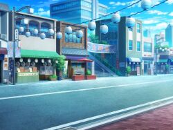 artist_request blue_sky building cloud day game_cg lamppost lantern magia_record:_mahou_shoujo_madoka_magica_gaiden mahou_shoujo_madoka_magica no_humans official_art oil-paper_umbrella outdoors paper_lantern plant potted_plant red_umbrella road scenery shop sidewalk sign sky skyscraper stairs storm_drain street town tree umbrella