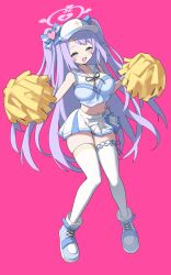 1girl :d absurdres alternate_costume alternate_hairstyle bare_shoulders blue_archive blue_bow blue_eyes blush bow breasts bright_pupils cheerleader cross-laced_shoes fang floating_hair full_body hair_bow hair_ornament half-closed_eyes halo hanae_(blue_archive) hanae_(cheer_squad)_(blue_archive) hands_up happy heart heart_hair_ornament heart_sticker highres holding holding_pom_poms knees_together_feet_apart large_breasts long_hair looking_at_viewer midriff miniskirt navel open_mouth pink_background pink_halo pleated_skirt pom_pom_(cheerleading) pom_poms purple_hair sailor_collar school_uniform serafuku shoes sidelighting simple_background skin_fang skindentation skirt smile sneakers solo standing sticker_on_face sztxra thighhighs thighs two_side_up very_long_hair visor_cap w_arms white_pupils white_sailor_collar white_shoes white_skirt white_thighhighs x_hair_ornament zettai_ryouiki