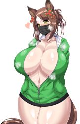 1girl absurdres alternate_breast_size arms_behind_back blush bottomless breasts brown_hair clover_hair_ornament cowboy_shot fine_motion_(umamusume) green_jacket hair_bun hair_ornament highres horse_girl horse_tail huge_breasts huruse jacket looking_at_viewer mask mouth_mask multicolored_hair navel no_bra short_hair simple_background single_hair_bun solo tail two-tone_hair umamusume white_background white_hair yellow_eyes zipper