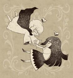1boy 1girl :o barefoot blind_prince blindfold blunt_bangs cape closed_eyes coat crown eleanor_(ohmyeleanor) falling flower hime_cut holding holding_flower liar_princess long_hair long_sleeves monochrome open_mouth puffy_short_sleeves puffy_sleeves sepia_background sharp_teeth short_hair short_sleeves smile striped_background teeth thick_eyebrows usotsuki_hime_to_moumoku_ouji wide_sleeves