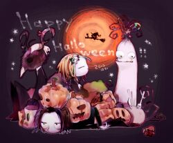 1girl 3boys black_background black_dress black_pants black_shirt blonde_hair broom broom_riding dated dress fork hair_ornament happy_halloween horn_ornament horn_ribbon horns jack-o&#039;-lantern kitaya knife lenore_lynchfast lenore_the_cute_little_dead_girl lying moon mr._gosh muffin_monster multiple_boys on_stomach pants pooty_applewater ragamuffin ribbon sharp_teeth shirt sitting sitting_on_person skull_hair_ornament star_(symbol) taxidermy_(lenore) teeth the_spam_witch