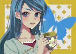 1girl blue_butterfly blue_eyes blue_hair blue_shirt border bug butterfly collarbone cup dot_nose eyelashes fingernails frilled_shirt frills happy highres holding holding_cup insect light_blush lips long_hair looking_at_viewer mer_(zo_no_00) minazuki_karen open_mouth outside_border pink_lips precure shirt short_sleeves smile solo straight_hair swept_bangs teacup upper_body white_background yellow_border yes!_precure_5
