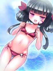 1girl ajitarou_(setsu) black_hair breasts death_alma emil_chronicle_online hair_ribbon highres looking_at_viewer navel ocean open_mouth red_eyes red_ribbon ribbon small_breasts smile swimsuit variant_set
