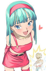 1boy 1girl baasaku_(balasaku24) belt blonde_hair blue_eyes blue_hair blush boots bra_(dragon_ball) dragon_ball dragon_ball_gt earrings full_body hairband heart high_heel_boots high_heels highres jewelry long_hair looking_at_viewer midriff muscular muscular_male navel open_mouth red_thighhighs simple_background skirt smile spiked_hair super_saiyan thighhighs vegeta white_background
