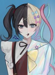 1girl :d absurdres ame-chan_(needy_girl_overdose) black_hair blonde_hair blue_background blue_bow blue_eyes blue_hair bow bowtie chouzetsusaikawa_tenshi-chan closed_mouth commentary_request dress dual_persona eyelashes hair_between_eyes hair_bow hair_ornament highres kanau_(u_u_zzx) long_hair looking_at_viewer multicolored_hair multiple_hair_bows needy_girl_overdose open_mouth pink_bow pink_hair purple_bow red_dress smile solo split_theme star_(symbol) straight-on suspenders tri_tails upper_body x_hair_ornament yellow_bow yellow_bowtie