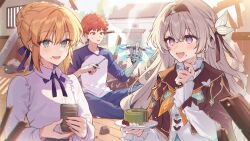 1boy 2girls :d artoria_pendragon_(fate) baumkuchen black_hairband black_jacket blonde_hair blue_pants blue_ribbon brown_eyes bun_with_braided_base collared_shirt cropped_jacket crossover cup destruction emiya_shirou fate/stay_night fate_(series) firefly_(honkai:_star_rail) food food_on_face fork frilled_shirt_collar frilled_sleeves frills full_body green_eyes grey_hair hair_between_eyes hair_bun hair_intakes hair_ribbon hairband hanagata holding holding_cup holding_fork holding_plate holding_screwdriver honkai:_star_rail honkai_(series) indian_style indoors jacket layered_sleeves long_hair long_sleeves looking_at_object looking_at_viewer magic_circuit multiple_girls neck_ribbon oak_cake_roll_(honkai:_star_rail) on_floor open_mouth pants plate purple_eyes raglan_sleeves red_hair ribbon saber_(fate) screwdriver shirt short_hair sidelocks single_hair_bun sitting sleeves_past_wrists smile steam sweatdrop white_shirt yunomi