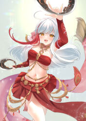 1girl bandeau bare_shoulders chakram detached_sleeves final_fantasy final_fantasy_xiv highres holding holding_weapon hyur long_hair looking_at_viewer multicolored_hair nanase_kokono navel pelvic_curtain red_bandeau red_hair red_sleeves signature solo stomach streaked_hair twitter_username warrior_of_light_(ff14) weapon white_hair yellow_eyes