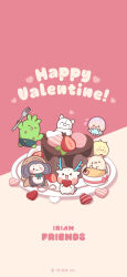 &gt;_&lt; absurdres antlers bukucha_(iriam) cake chocolate_cake commentary copyright_name copyright_notice english_commentary food fork fruit happy_valentine heart heart-shaped_cake heart-shaped_food highres holding holding_fork holding_heart horns hoshiika_(iriam) iriam macaron monkey nekocoro_(iriam) no_humans official_art open_mouth plate sabobon_(iriam) shirasu_(iriam) strawberry tsumumaru_(iriam) yuramii_(iriam)