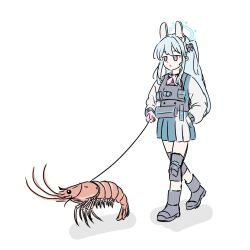 Rule 34 | 1girl, animal ear hairband, animal ears, black boots, blue archive, blue jacket, blue skirt, boots, bulletproof vest, closed mouth, fake animal ears, gloves, hairband, hand in pocket, highres, jacket, knee pads, long hair, miyako (blue archive), neckerchief, one side up, ossa 2019, pet walking, pink gloves, pink neckerchief, purple eyes, rabbit ear hairband, rabbit ears, shrimp, sidelocks, skirt, solo, white hair, white sleeves