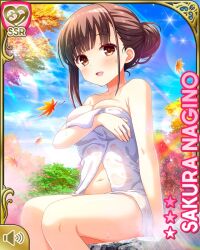 1girl bare_legs bathing bow breasts brown_eyes brown_hair card_(medium) day girlfriend_(kari) large_breasts medium_hair nagino_sakura official_art onsen open_mouth outdoors qp:flapper sitting smile socks solo tagme towel water white_towel