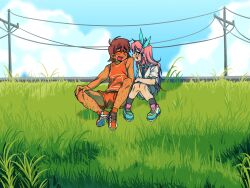 1boy 1girl aubrey_(faraway)_(omori) aubrey_(omori) black_socks blue_eyes blue_hairband blue_shoes blue_skirt blue_sky blush brown_hair closed_eyes cloud day denim denim_skirt grass hairband highres huasuan69416 jacket kel_(faraway)_(omori) kel_(omori) long_hair looking_at_another omori open_mouth orange_shoes orange_shorts outdoors pink_hair power_lines shoes short_hair short_sleeves shorts sitting skirt sky smile sneakers socks white_jacket