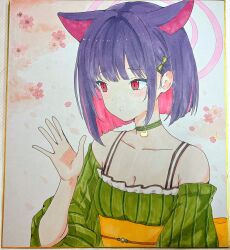 1girl absurdres alternate_costume animal_ears blue_archive blunt_bangs blush breasts cat_choker cat_ears choker cleavage clothing_request collarbone colored_inner_hair commentary_request green_choker halo highres kazusa_(blue_archive) kurumi_kororin marker_(medium) medium_breasts multicolored_hair obi photo_(medium) pink_hair pink_halo purple_hair red_eyes sash shikishi sidelocks solo traditional_media waving