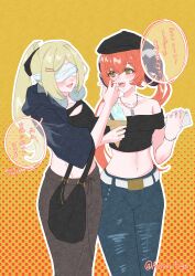 2girls ashimi_fugo bag bare_shoulders blindfold blonde_hair blue_jacket blue_pants brown_pants crop_top dragon_horns food green_eyes highres holding holding_food holding_ice_cream holding_phone horns ice_cream jacket long_hair looking_at_viewer midriff multiple_girls open_mouth orange_hair orpheus_(zenless_zone_zero) pants phone ponytail shoulder_bag smile trigger_(zenless_zone_zero) twintails zenless_zone_zero