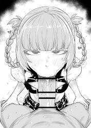 1boy 1girl :&gt;= absurdres blunt_bangs braid breasts censored cleavage_cutout clothed_female_nude_male clothing_cutout crop_top fellatio heart highres kaiman_garupan looking_at_viewer monochrome nanakusa_nazuna_(yofukashi_no_uta) nude oral penis short_shorts shorts small_breasts spoken_heart sweatdrop twin_braids vampire yofukashi_no_uta