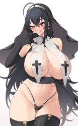 1girl :q ahoge azur_lane bare_shoulders black_gloves black_hair black_panties black_thighhighs breast_curtains breasts cowboy_shot cross cross_print elbow_gloves gloves groin habit hairband head_tilt highres huge_breasts kuavera long_hair navel nun panties red_eyes sidelocks simple_background solo standing stomach taihou_(azur_lane) thighhighs thighs thong tongue tongue_out underwear veil very_long_hair white_background white_hairband