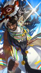 Rule 34 | 1boy, absurdres, beard, bell, black gloves, black hair, blue background, brown coat, clenched hand, coat, dark-skinned male, dark skin, facial hair, fingerless gloves, glint, gloves, highres, long hair, looking at viewer, male focus, mask, mask on head, mature male, mechanical arms, mouth hold, multicolored scarf, oroolcicely, prosthesis, prosthetic arm, red eyes, reverse:1999, robe, scarf, shamane, single mechanical arm, solo, stalk in mouth, upper body, white robe