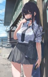 1girl akasaai bag black_hair black_necktie black_skirt blue_eyes blush cellphone collared_shirt day highres holding holding_phone leaning_on_object long_hair looking_at_viewer loose_necktie mask mask_pull mouth_mask necktie open_mouth original outdoors phone pleated_skirt school_bag shirt shirt_tucked_in skirt sleeves_rolled_up smartphone solo teeth upper_teeth_only wet wet_clothes wet_shirt white_shirt