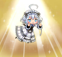 Rule 34 | 1girl, ahoge, ajitarou (setsu), bat wings, black boots, black ribbon, blue eyes, blue necktie, boots, breasts, dress, emil chronicle online, frilled dress, frilled hairband, frills, hairband, jitome, mecha musume, medium breasts, mitama aria, necktie, open mouth, outstretched arm, ribbon, white dress, white hair, wings